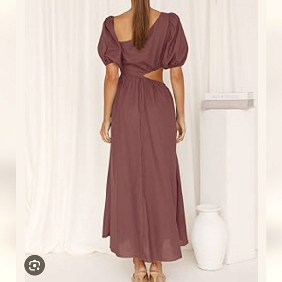 BTFBM Puff Sleeve Asymmetrical Neck High Waist Cutout Swing Maxi Dress Plum SZ S - Picture 2 of 12